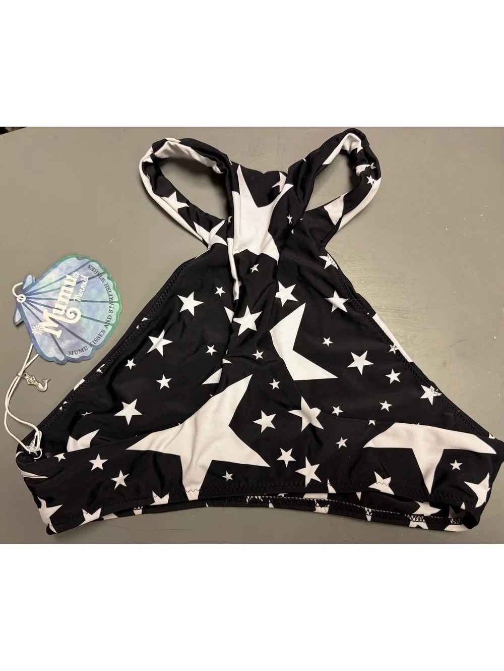 117. NWT! MuMu Mermaid•Star Print Halter Bikini Top•Black & White•LARGE